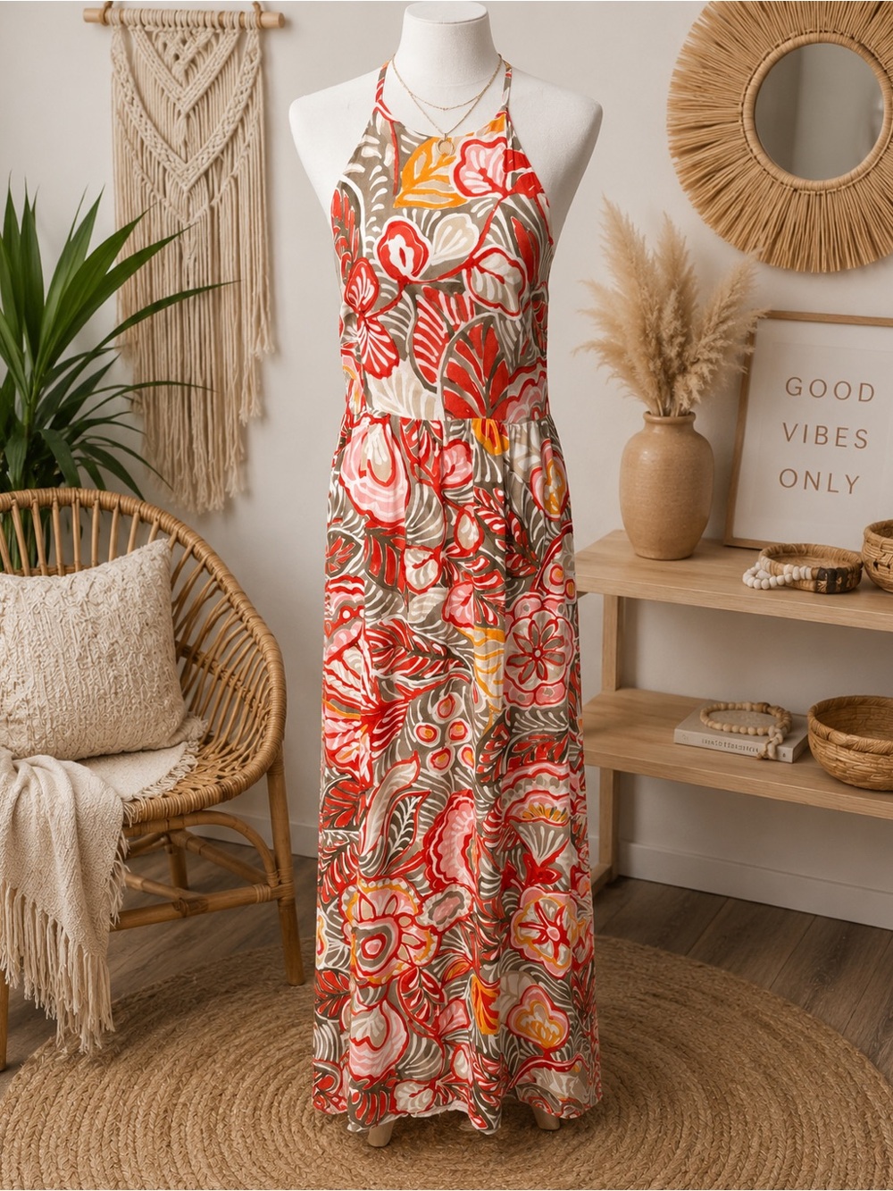 LOFT Floral Maxi Dress in Coral, Pink & Olive